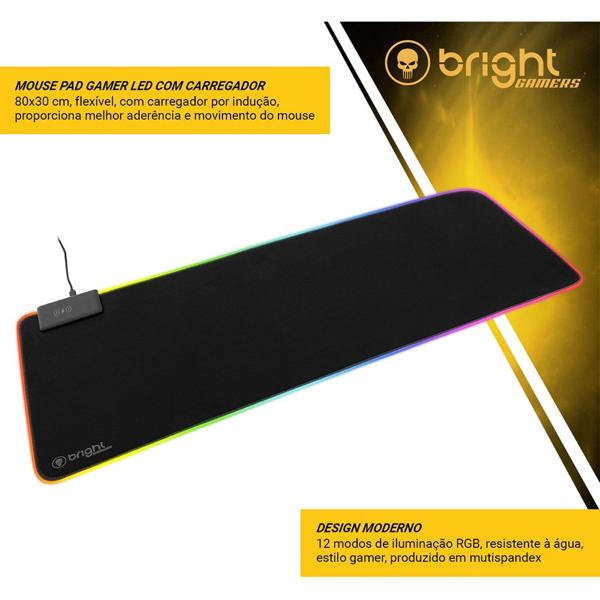 Mouse Pad Gamer LED com carregamento por indução, USB, 80x30cm, MP001, Bright - CX 1 UN