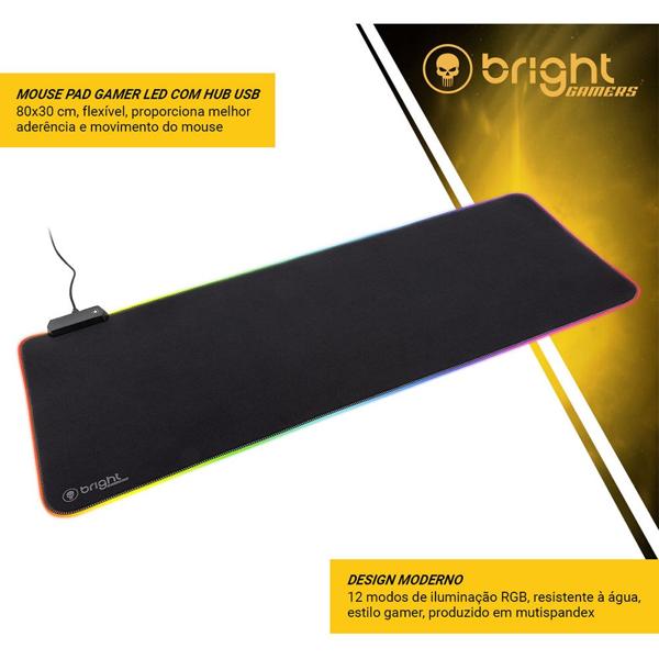 Mouse Pad Gamer LED com hub USB, 80x30cm, MP002, Bright - CX 1 UN