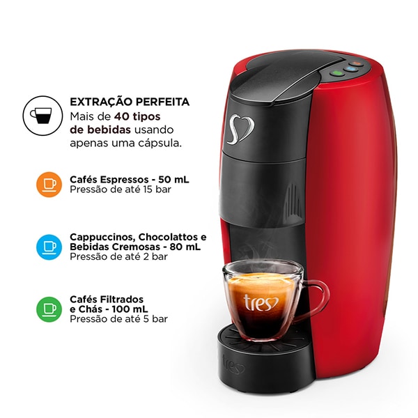 Cafeteira para Espresso e Multibebidas, Lov Basic, 127v, Vermelha, 20039019, Três Corações - CX 1 UN