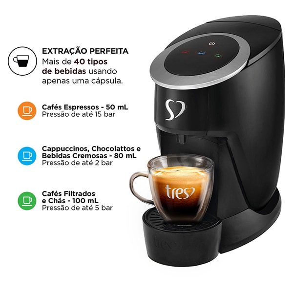 Cafeteira Touch para Espresso e Multibebidas, 127v, Preta, 20038996, Três Corações - CX 1 UN