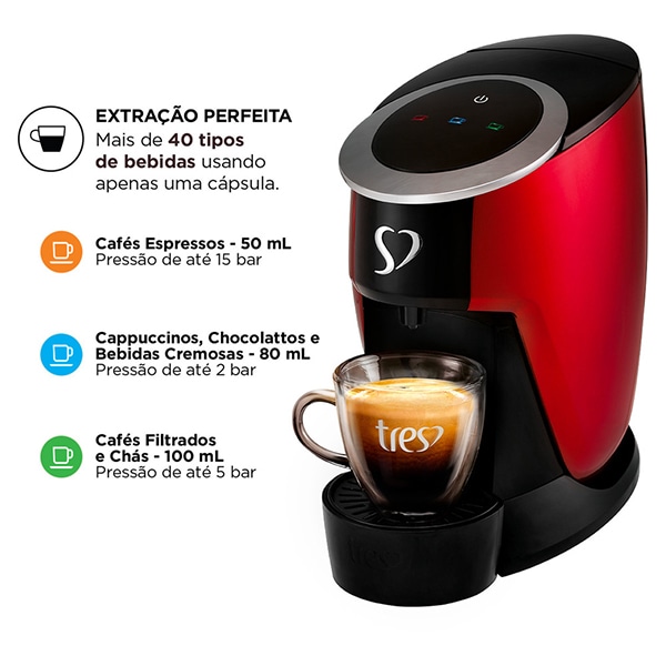 Cafeteira Touch para Espresso e Multibebidas, 127v, Vermelha, 20038997, Três Corações - CX 1 UN