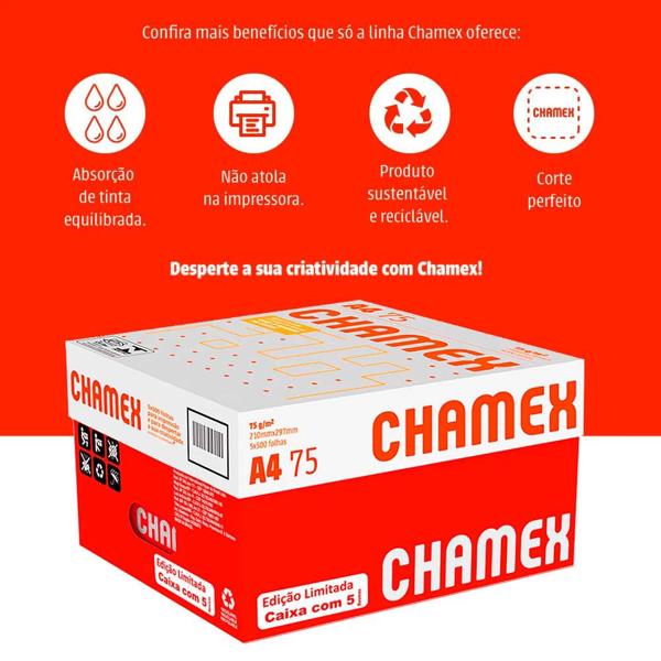 Papel Sulfite A4, 75g, 210x297, Alcalino, Branco - Caixa com 5 resmas, Chamex CX 2500 FL