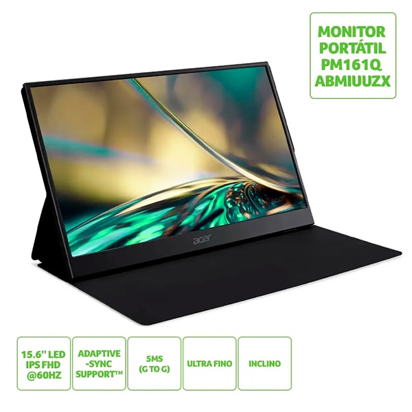 Monitor Portátil Full HD PM161Q, Tela LED de 15,6", Tempo de Resposta de 4ms, Taxa de Atualização de 60hz, Conexões Mini-HDMI e USB tipo C, UM.ZP1AA.B, Acer - CX 1 UN