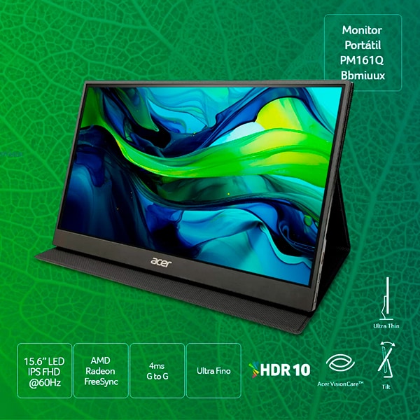 Monitor Portátil Full HD PM161Q, Tela LED de 15,6", Tempo de Resposta de 4ms, Taxa de Atualização de 60hz, Conexões Mini-HDMI e USB tipo C, UM.ZP1AA.B, Acer - CX 1 UN