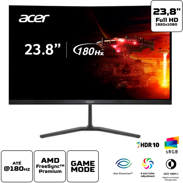 Monitor Gamer Nitro KG240y LED 23,8", Tela Full HD, 1ms de Tempo de Resposta, Taxa de Atualização de 180hz, Conexões HDMI e DisplayPort, UM.QX0AA.5, Acer - CX 1 UN