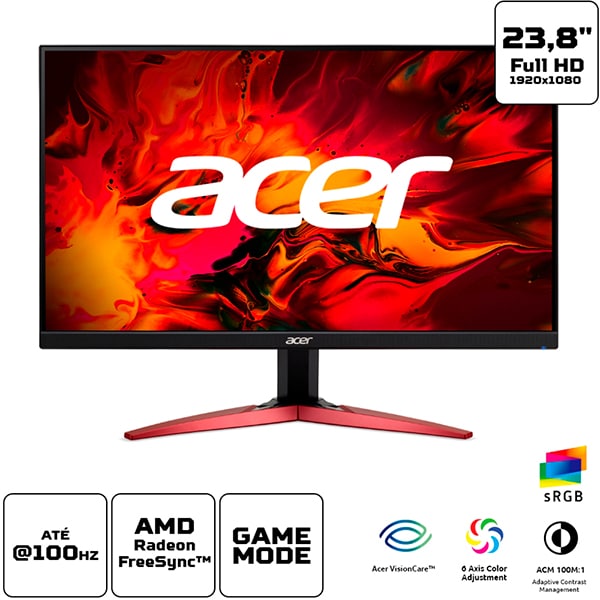 Monitor Gamer Nitro KG241Y Ebii LED 23,8", Tela Full HD, 1ms de Tempo de Resposta, Taxa de Atualização de 100hz, Conexões HDMI e VGA, UM.QX1AA.E, Acer - CX 1 UN