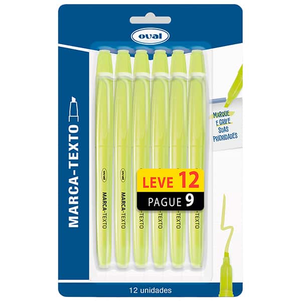 Marca Texto Com Ponta Chanfrada, Leve 12 Pague 9, Amarelo, Oval - CX 12 UN