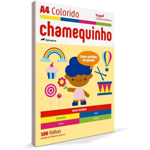 Papel Sulfite Chamequinho A4 75g com 4 Cores (Amarelo, Azul, Rosa e Verde) - PT 100 FL