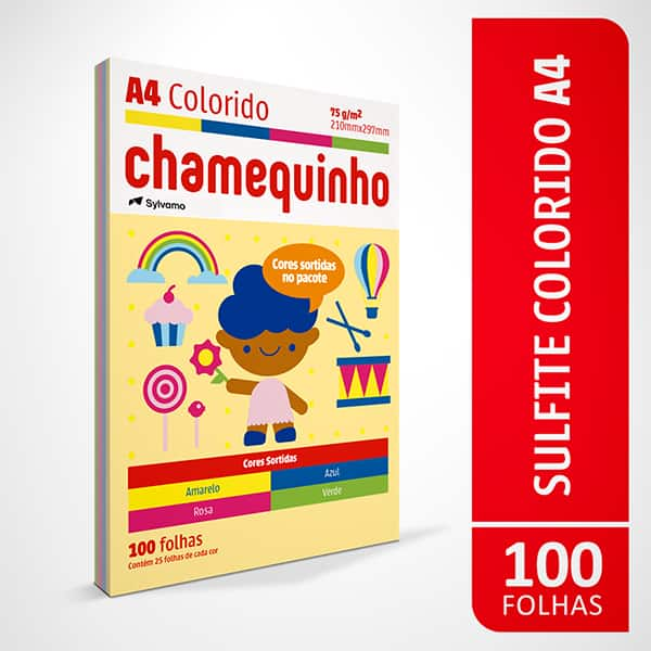 Papel Sulfite Chamequinho A4, 75g com 4 Cores (Amarelo, Azul, Rosa e Verde), 100 Folhas - PT 100 FL