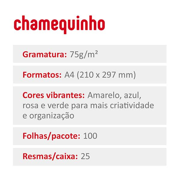 Papel Sulfite Chamequinho A4, 75g com 4 Cores (Amarelo, Azul, Rosa e Verde), 100 Folhas - PT 100 FL