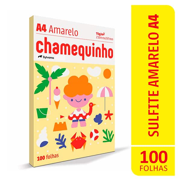 Papel Sulfite Chamequinho Amarelo, A4 75g 210x297mm, Uso Escolar Artístico Profissional, 100 Folhas - PT 100 FL