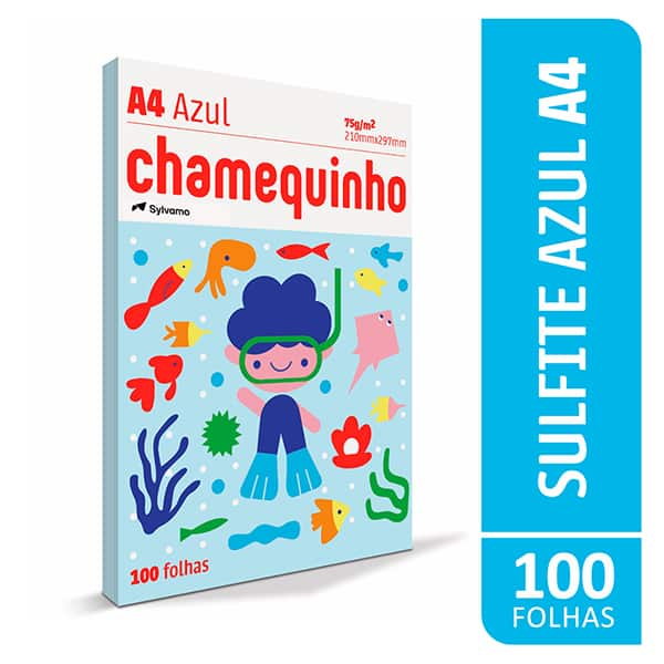 Papel Sulfite Chamequinho Azul, A4 75g 210x297mm, Uso Escolar Artístico Profissional, 100 Folhas - PT 100 FL