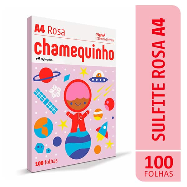 Papel Sulfite Chamequinho Rosa A4, 75g, 210x297mm, Uso Escolar Artístico Profissional, 100 Folhas - PT 100 FL