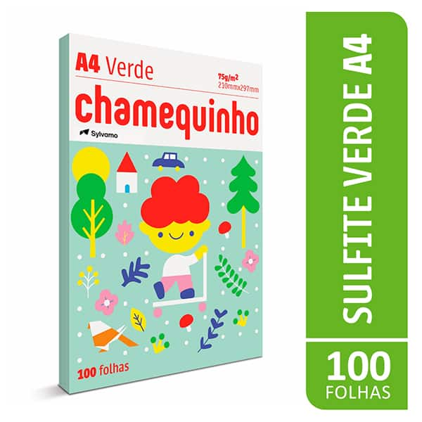 Papel Sulfite Chamequinho Verde, A4 75g 210x297mm, Uso Escolar Artístico Profissional, 100 Folhas - PT 100 FL