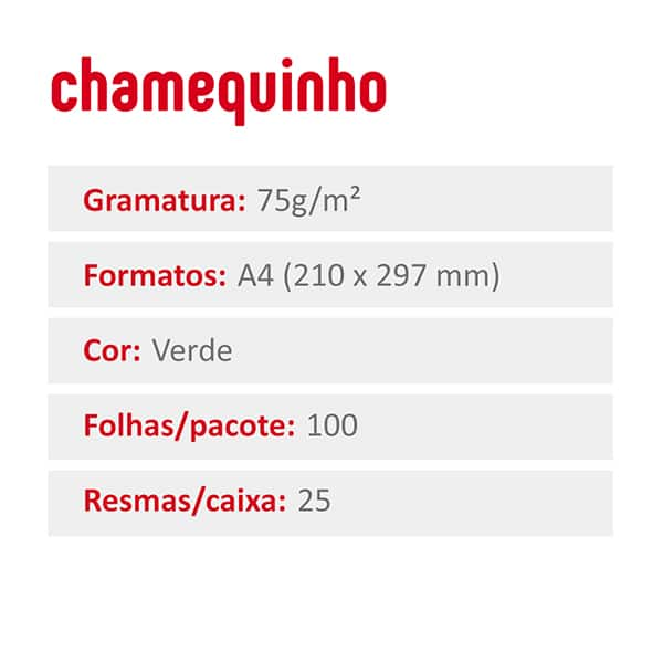 Papel Sulfite Chamequinho Verde, A4 75g 210x297mm, Uso Escolar Artístico Profissional, 100 Folhas - PT 100 FL