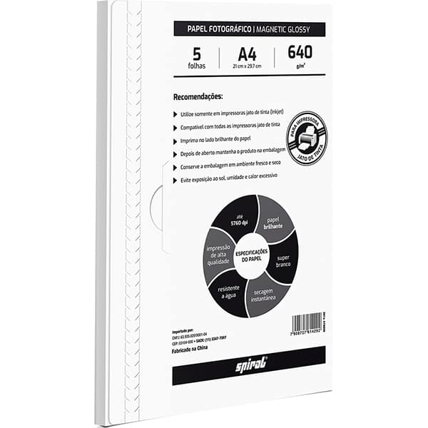 Papel Fotográfico Glossy Magnético, A4, 640g, MG640-5, Spiral - PT 5 FL