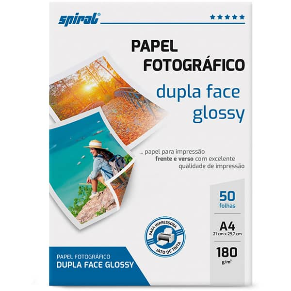 Papel Fotográfico Glossy Dupla Face, A4, 180g, G180-50, Spiral - PT 50 FL