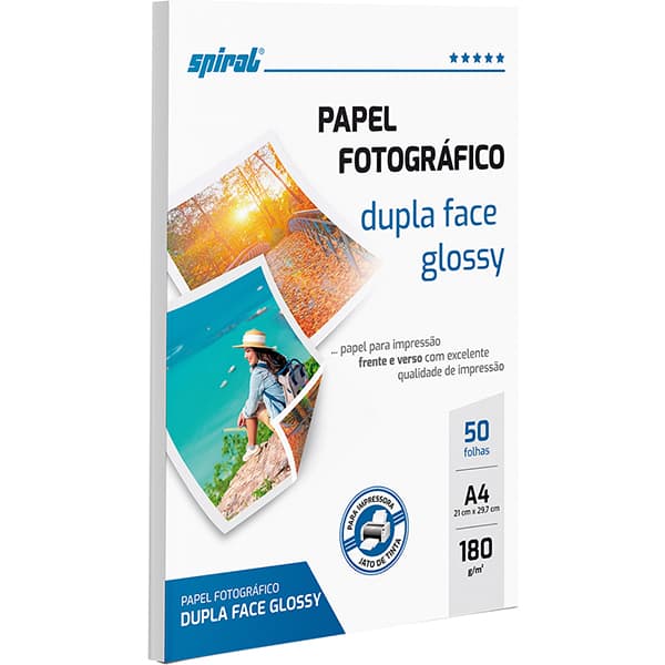 Papel Fotográfico Glossy Dupla Face, A4, 180g, G180-50, Spiral - PT 50 FL