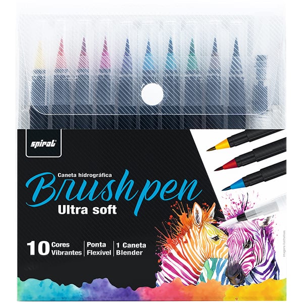 Caneta hidrográfica Brush Pen Ultra Soft, 10 cores + Caneta Blender, Spiral - BT 1 UN