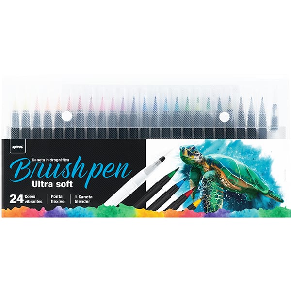 Caneta hidrográfica Brush Pen Ultra Soft, 24 cores + Caneta Blender, Spiral - BT 1 UN