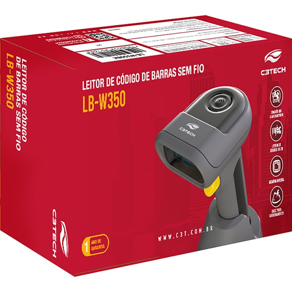 Leitor de código de barras 1D/2D sem fio, Bluetooth, Preto, W350BK, C3Tech - CX 1 UN