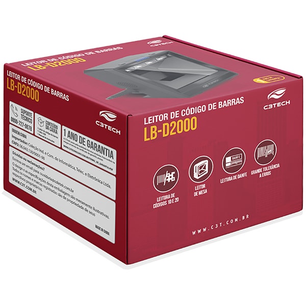 Leitor de código de barras 1D/2D USB, Preto, LB-D2000BK, C3Tech - CX 1 UN