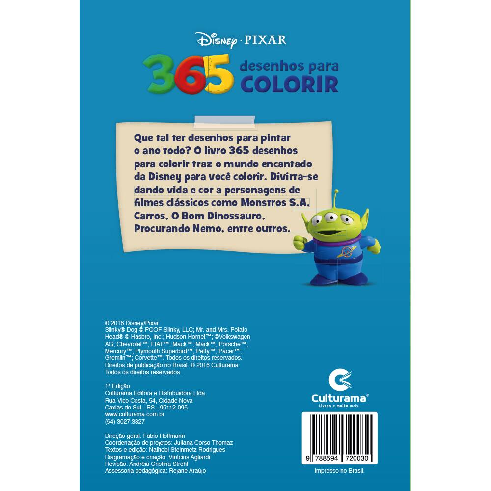 Livro para colorir infantil 365 desenhos Pixar Culturama PT 1 UN - Artes &  Pintura - Kalunga