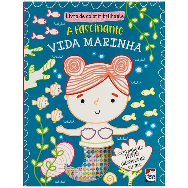 Livro para colorir infantil com 1000 adesivos de strass, A Fascinante Vida Marinha, Happy Books - PT 1 UN