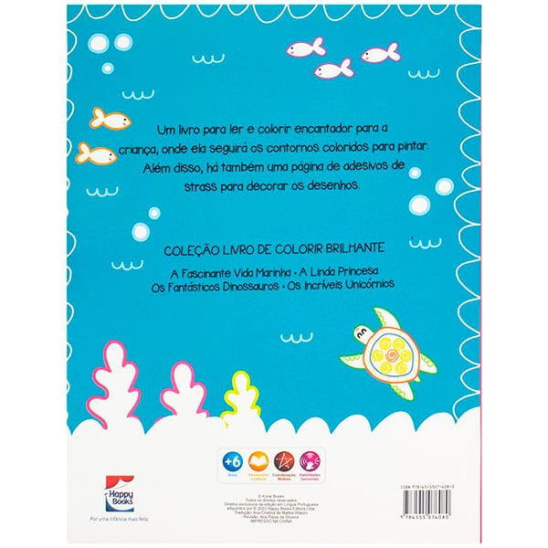 Livro para colorir infantil com 1000 adesivos de strass, A Fascinante Vida Marinha, Happy Books - PT 1 UN
