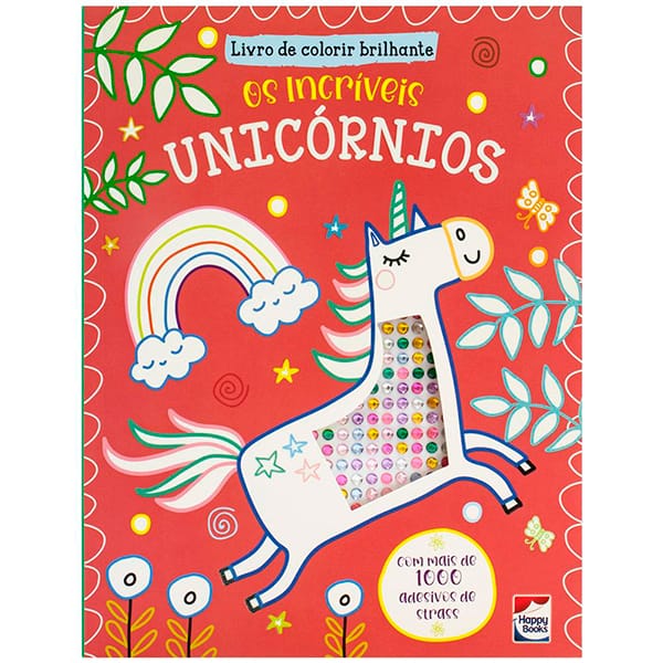 Livro para colorir infantil com 1000 adesivos de strass, Os Incríveis Unicórnios, Happy Books - PT 1 UN Livro para colorir infantil com 1000 adesivos de strass, Os Incríveis Unicórnios, Happy Books - PT 1 UN