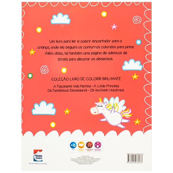 Livro para colorir infantil com 1000 adesivos de strass, Os Incríveis Unicórnios, Happy Books - PT 1 UN Livro para colorir infantil com 1000 adesivos de strass, Os Incríveis Unicórnios, Happy Books - PT 1 UN