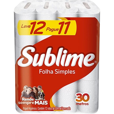 Papel higiênico Folha simples, 30m, Sublime, Leve 12 Pague 11, Softys - PT 12 RL