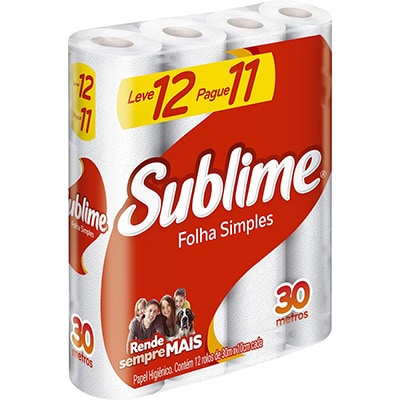 Papel higiênico Folha simples, 30m, Sublime, Leve 12 Pague 11, Softys - PT 12 RL