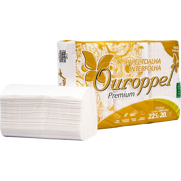Papel Toalha interfolha, 22,5 x 20cm, folha simples, 1000 folhas, Premium, 1425, Ouroppel - PT 1000 FL