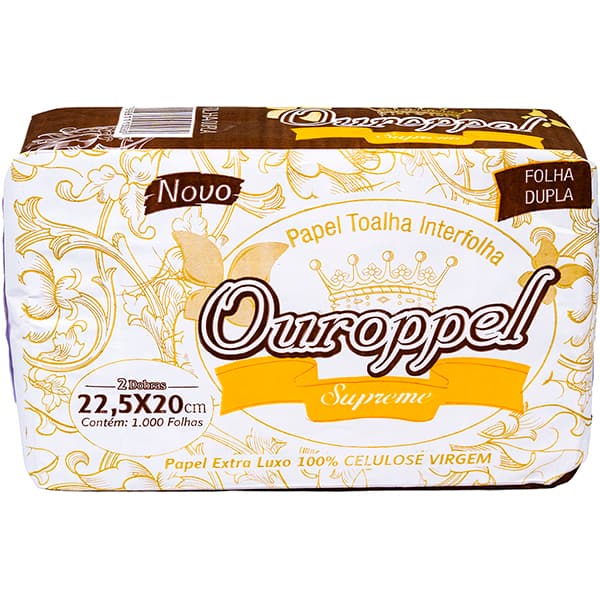 Papel Toalha interfolha, 22,5 x 20cm, folha dupla, Supreme, 1000 folhas, 1702, Ouroppel - PT 1000 FL