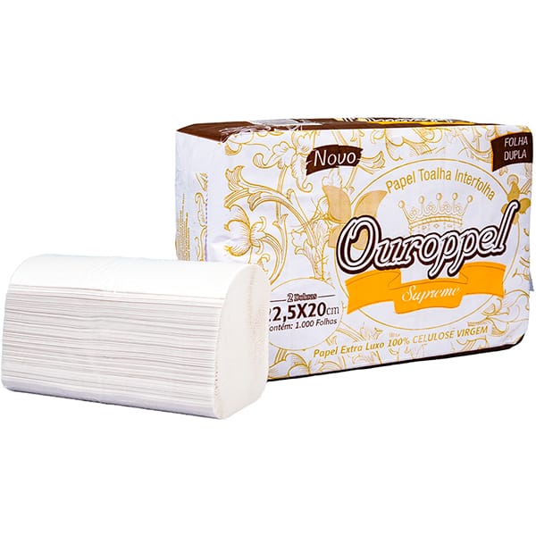 Papel Toalha interfolha, 22,5 x 20cm, folha dupla, Supreme, 1000 folhas, 1702, Ouroppel - PT 1000 FL