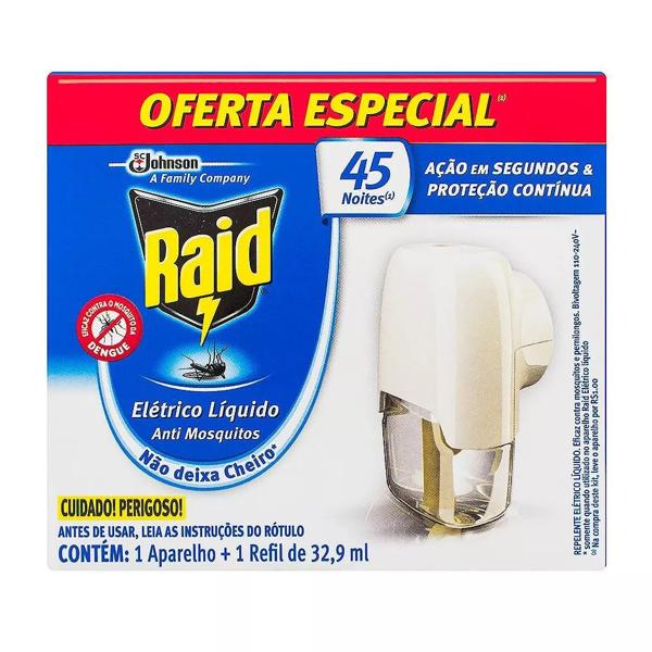 Repelente Elétrico Raid + Refil Líquido, 45 noites, 32,9ml, Johnson - 1 UN