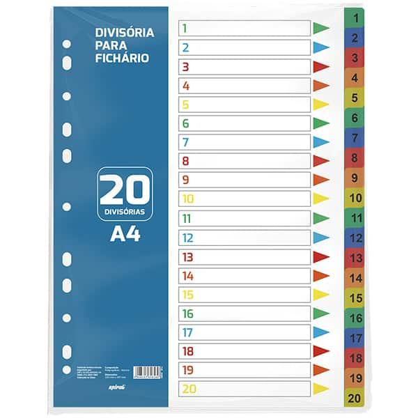 Divisória para fichário universitário com 20 divisórias, Cores sortidas, Spiral - PT 1 UN