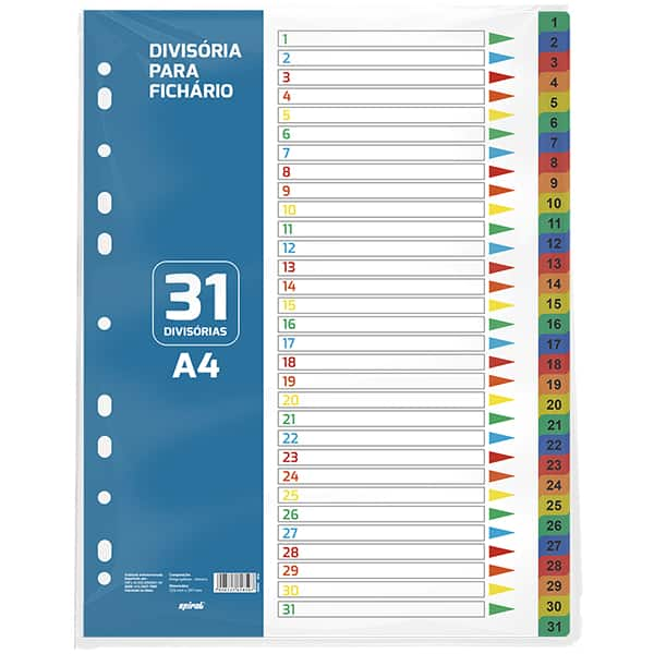 Divisória para fichário universitário com 31 divisórias, Cores sortidas, Spiral - PT 1 UN