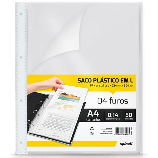 Saco plástico PP A4 4 furos em L 0,14mm Spiral PT 50 UN