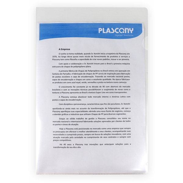 Pasta L, Ofício, Pacote com 10 unidades, Plástica, L15OF, Escolar Office, Transparente, Plascony PT 10 UN