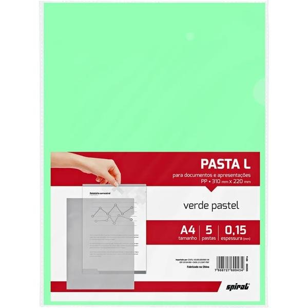 Pasta plástica em L, PP, 0,15mm, A4, Verde pastel, Spiral - PT 5 UN