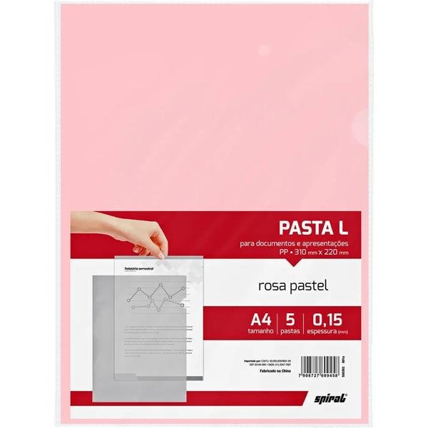 Pasta plástica em L, PP, 0,15mm, A4, Rosa pastel, Spiral - PT 5 UN