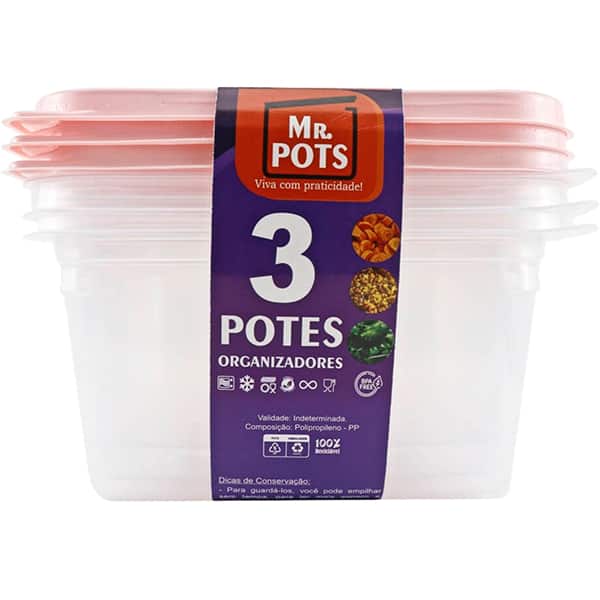 Pote plástico com 3 unidades, 1,3l, Rosa, TQ1300C, RS, Plascony - PT 1 UN