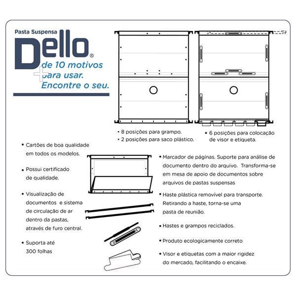 Pasta Suspensa Colorida Plastificada Home Office com Visor Etiqueta e Grampo Plástico Fixador, Azul, Dello - PT 6 UN