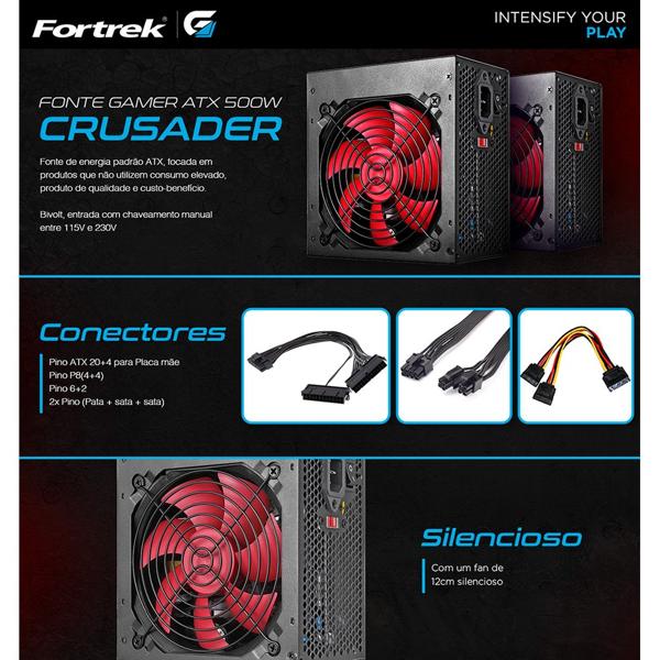 Fonte ATX 500w, Crusader, Bivolt, 76955, Fortrek - CX 1 UN