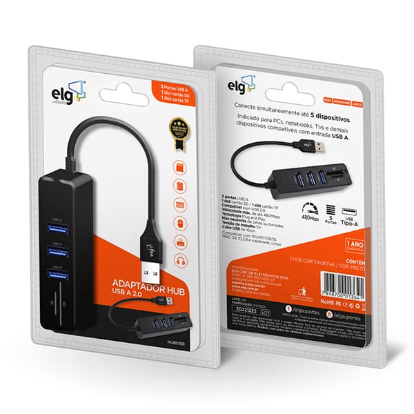 Hub USB 2.0 com 3 Portas, Leitor de Cartão SD e Micro-SD, Elg - CX 1 UN