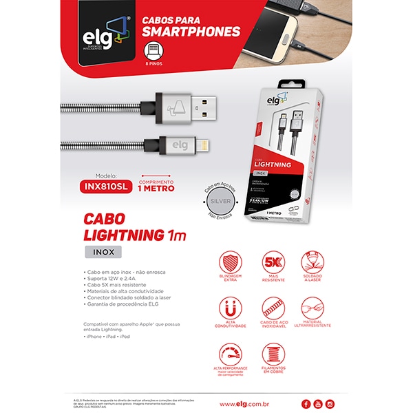 Cabo USB para lightning, 1 Metro, INX810SL, Elg - CX 1 UN