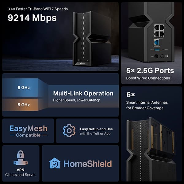 Roteador Wireless Archer BE550 EasyMesh WiFi 7, Tri Band ,5 portas, TP Link - CX 1 UN Roteador Wireless Archer BE550 EasyMesh WiFi 7, Tri Band ,5 portas, TP Link - CX 1 UN