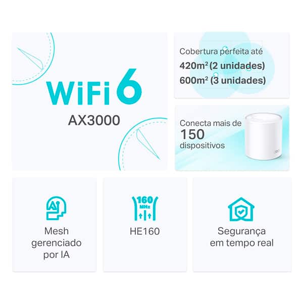Roteador Mesh Wi-Fi 6 Dual Band, Gigabit, Deco X50 AX3000, Branco, Tp Link - CX 1 UN Roteador Mesh Wi-Fi 6 Dual Band, Gigabit, Deco X50 AX3000, Branco, Tp Link - CX 1 UN
